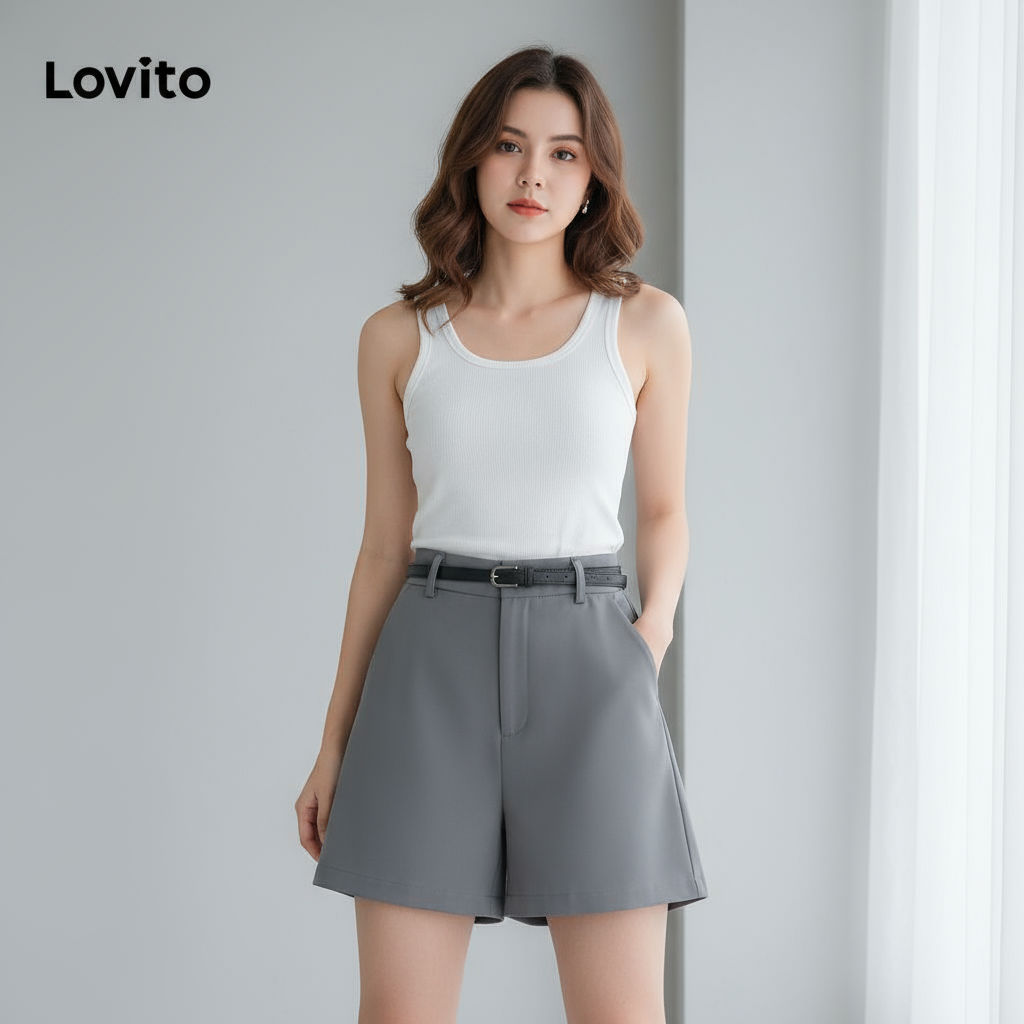 trendy6-Lovito กางเกงขาสั้นลําลอง กางเกงขาสั้นกระเป๋าปลอมจีบธรรมดาสําหรับผู้หญิง LNE57601