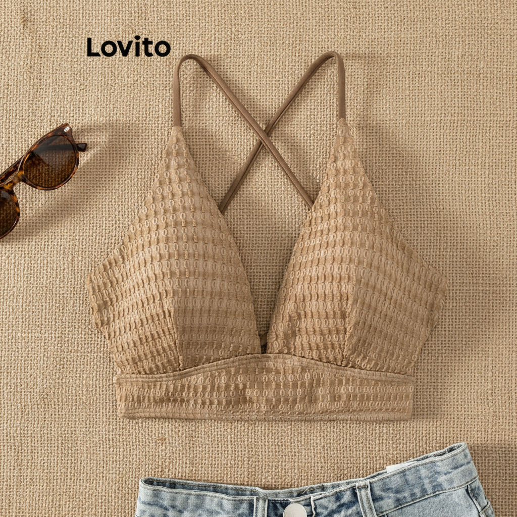 Lovito เสื้อบิกินี่ผู้หญิง ดีไซน์ไขว้ พื้นผิวเรียบหรู รุ่น LNL42167