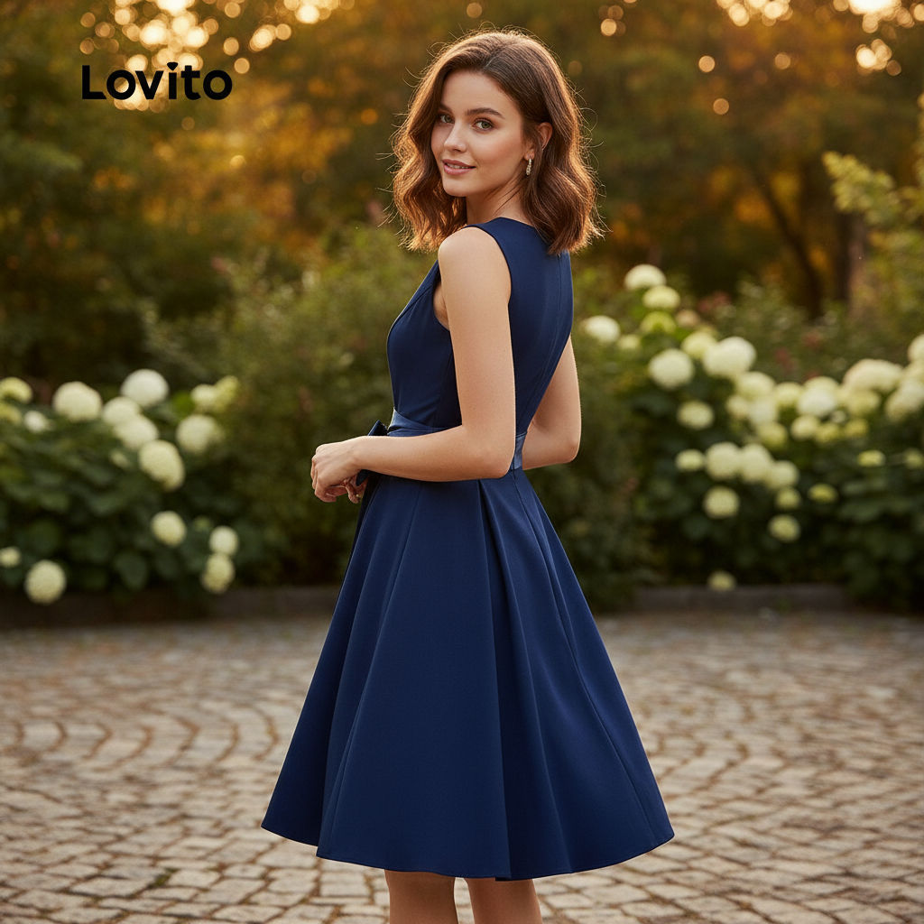 Lovito เดรสผู้หญิงแต่งเทปตัดต่อลายเย็บ สีกรมท่า สําหรับฤดูใบไม้ผลิและฤดูร้อน L155AD289