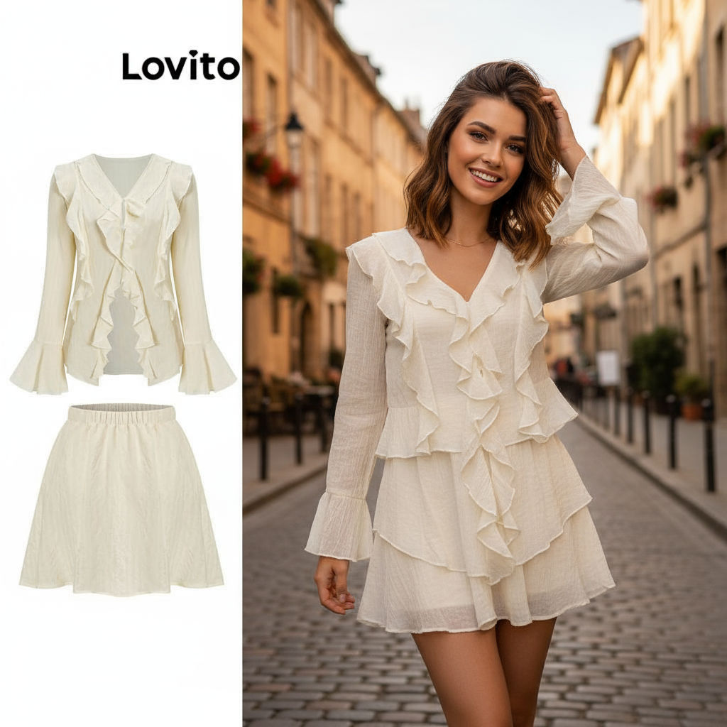 Lovito เสื้อลําลอง นัวเนีย ธรรมดา มีซับใน พร้อมเสื้อเซฟตี้หรือกระโปรงสําหรับผู้หญิง L61AD100