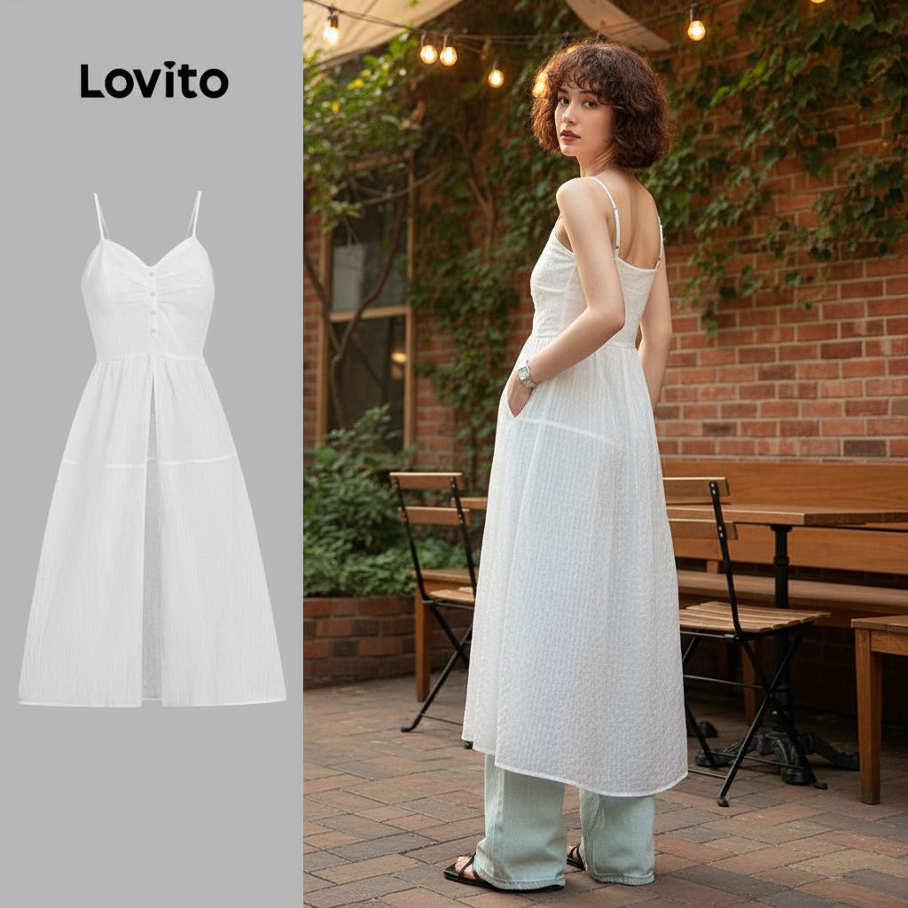 Lovito เสื้อกล้ามลําลองผู้หญิง ดีไซน์แยกด้านหน้า กระดุมธรรมดา LNE21215 สีขาว
