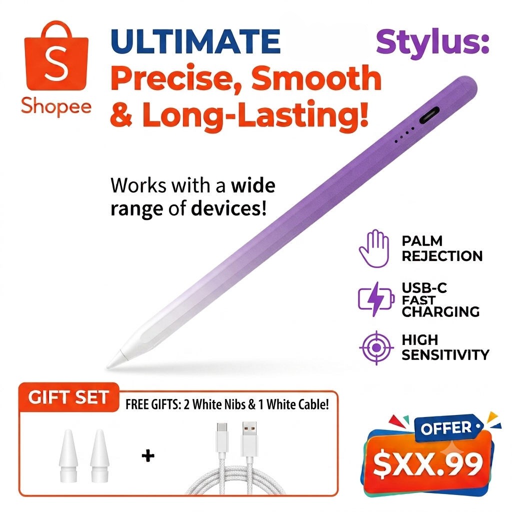 ชุดปากกา Stylus ครบชุด พร้อมปลายปากกาเสริม 2 ชิ้น สายชาร์จ รองรับการวางมือ ราคาไม่แพง เหมาะสําหรับนั