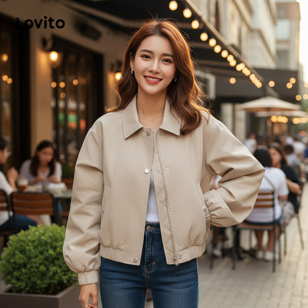 Lovito เสื้อกันลมลําลองสําหรับผู้หญิง กันน้ํา มีซิป กระดุม LNA34140 (สีแอปริคอท)