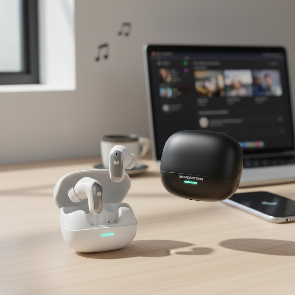 หูฟัง Monster MQT52 พร้อมตัดเสียงรบกวน, เล่นเกมหน่วงต่ํา, โหมดคู่, แบตเตอรี่ใช้งานได้นาน, โทร HD