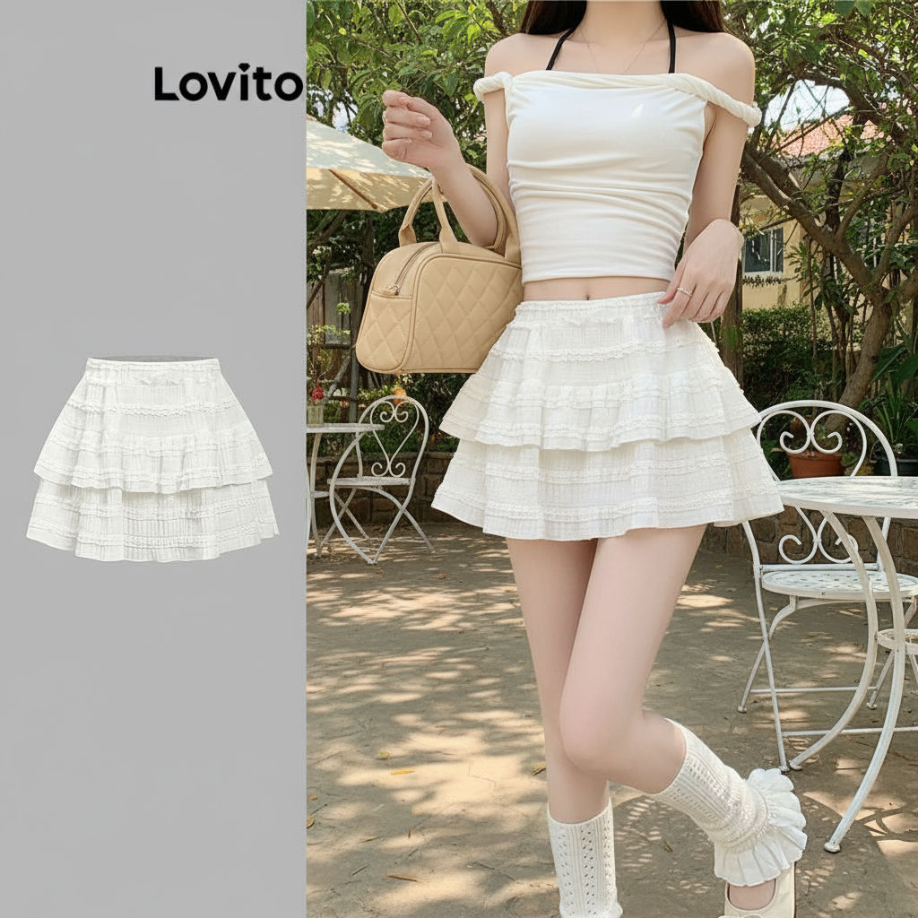 Lovito กระโปรงผู้หญิงทรงระบาย ดีไซน์เรียบหรู L88AD161\3