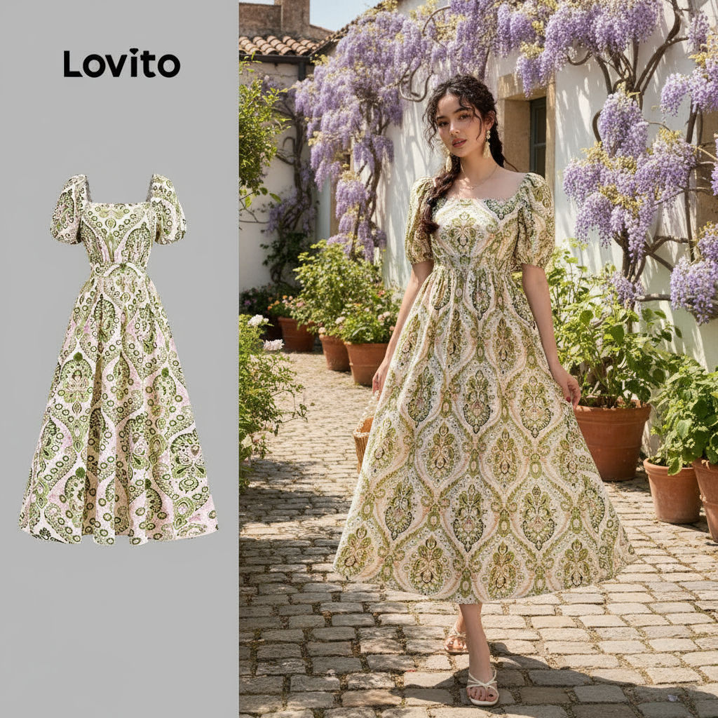 Lovito ชุดเดรสสไตล์โบฮีเมียนสำหรับคริสต์มาส/ปาร์ตี้ ทรงเข้ารูป เดรสฤดูใบไม้ผลิ/ฤดูร้อนสำหรับผู้หญิง 