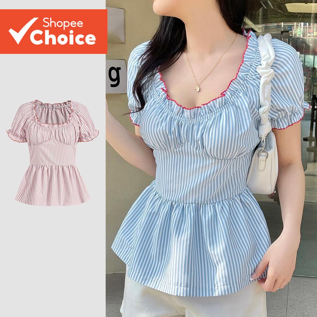 ผู้หญิงน่ารักเสื้อลายจีบ Contrast Binding Smock ฤดูร้อน/ฤดูใบไม้ผลิเสื้อ L125AD492