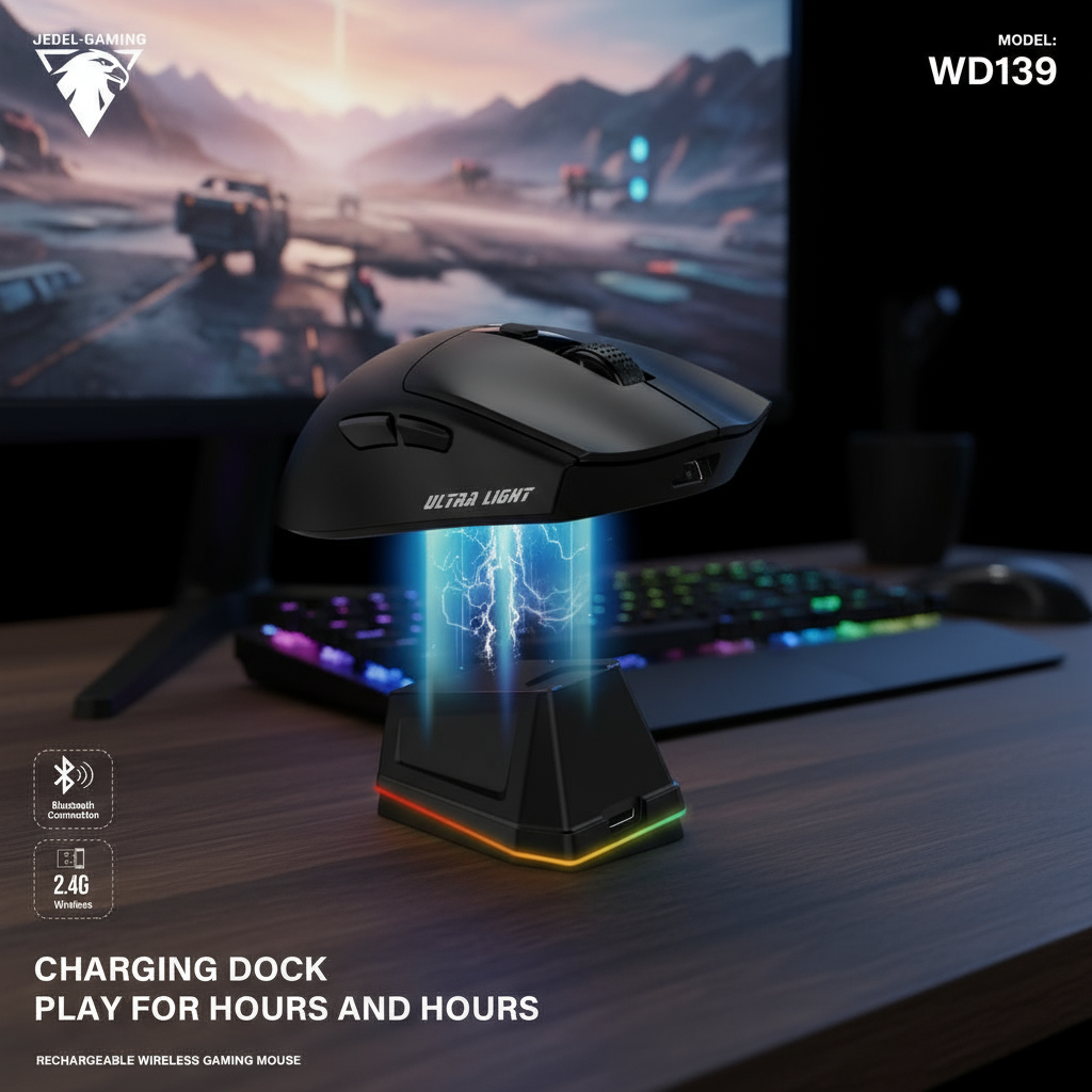 เมาส์เกมมิ่งไร้สาย WD139 พร้อมแท่นชาร์จ RGB, ชาร์จด้วยแม่เหล็ก, น้ําหนักเบา, เหมาะสําหรับเกมเมอร์ PC
