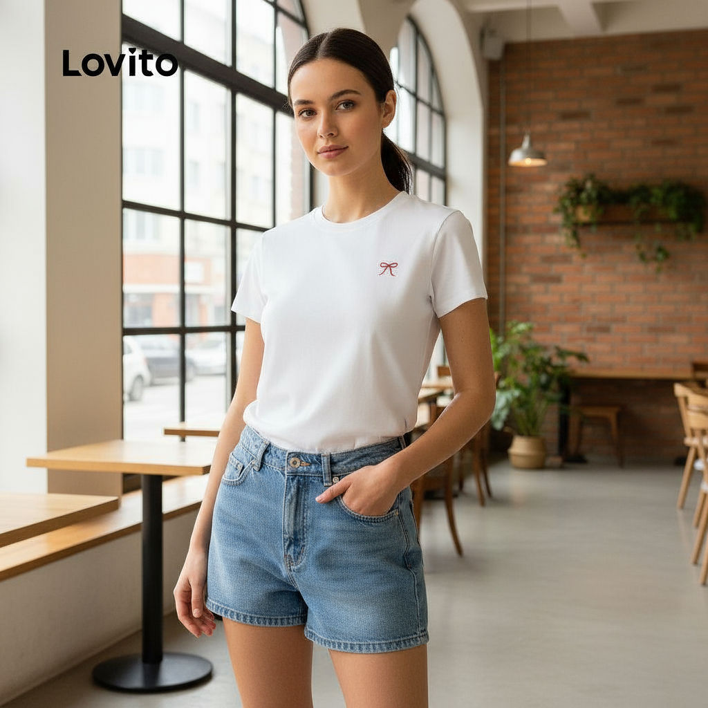 Lovito เสื้อยืดผู้หญิงลายธรรมดา กระดุมหน้า ลําลอง L133AD375