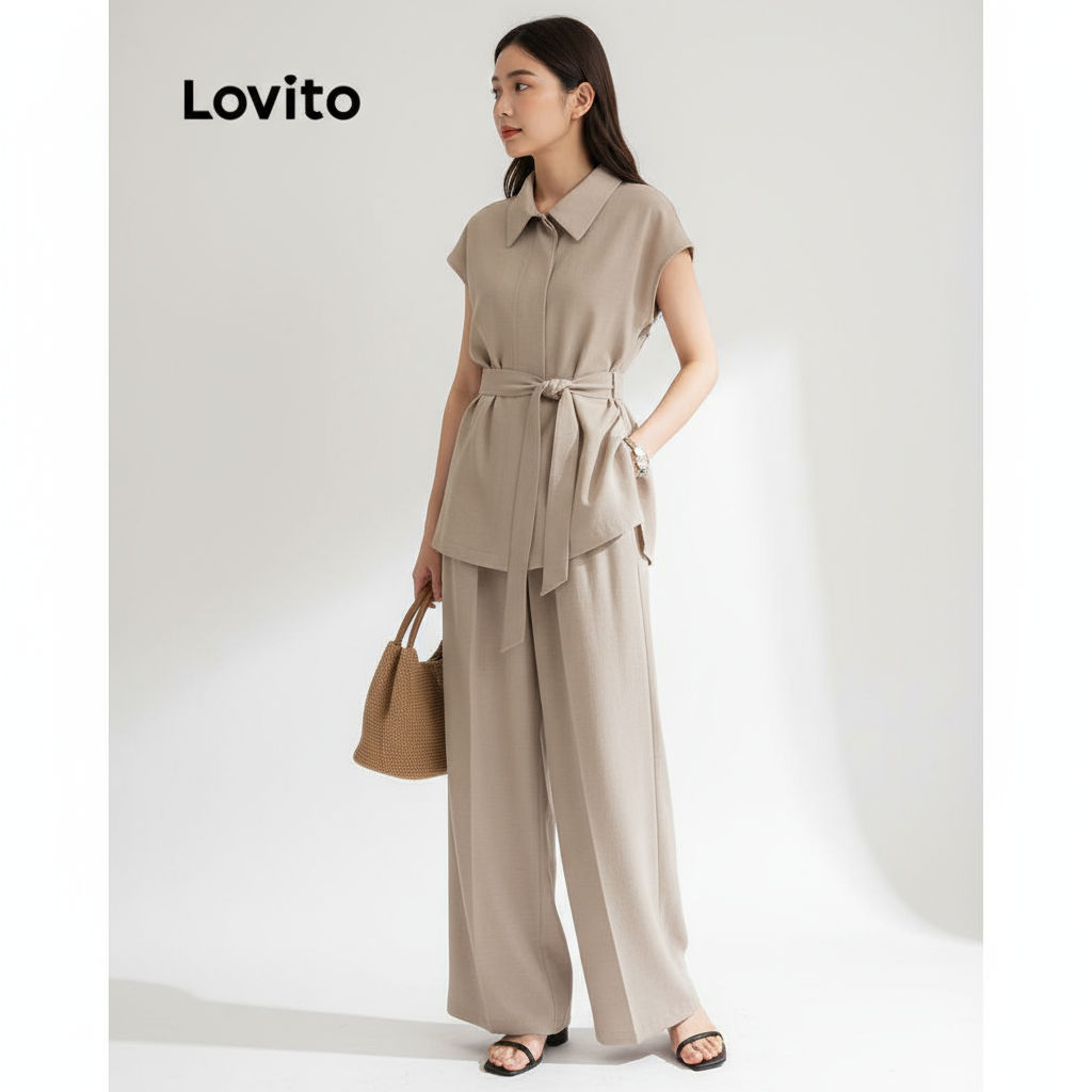 Lovito ชุดเซตกางเกงผู้หญิง พร้อมเข็มขัด ทรงแคชชวล LNE66576\3
