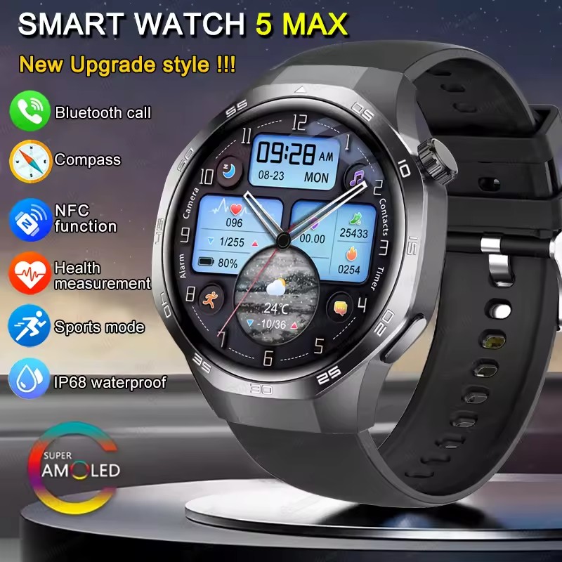 SmartWatch 1.53 นิ้ว AMOLED หน้าจอ NFC Sport Tracker BT Call สุขภาพผู้ชายผู้หญิงนาฬิกา 5 Smartwatch 