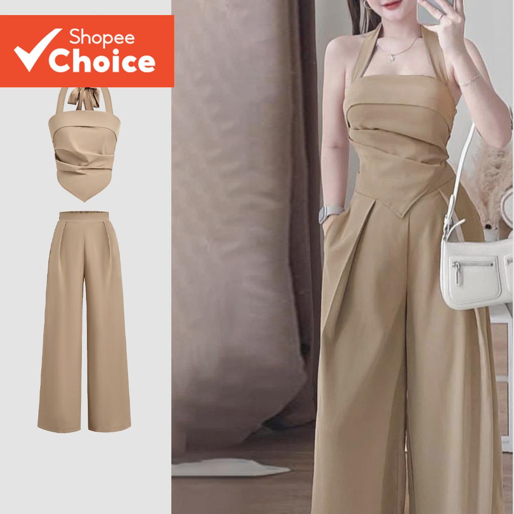 B135-3-Halter คอ Layered แฟชั่นจีบด้านบน/กางเกงลําลอง-PSB135P2D344