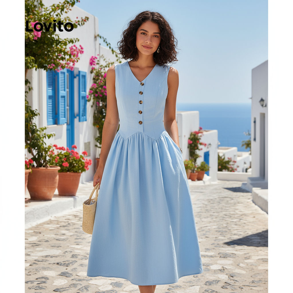Lovito ชุดเดรสผู้หญิง สีฟ้า หรูหรา สําหรับฤดูใบไม้ผลิและฤดูร้อน ซิปธรรมดา รุ่น L134LD189