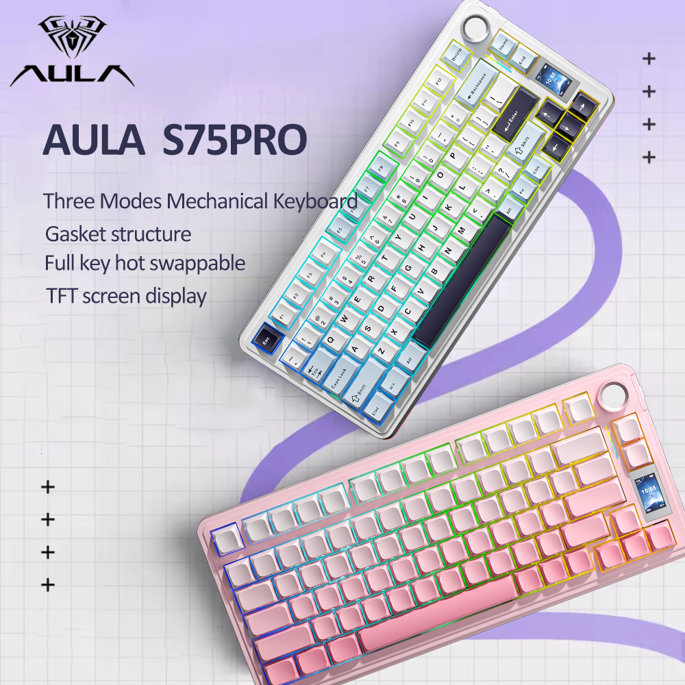  คีย์บอร์ดกลไกสําหรับเล่นเกม AULA S75Pro ขนาด 75% แบบไร้สายสามโหมด พร้อมคีย์แคป PBT ถอดเปลี่ยนสวิตช์ได้ ไฟ RGB แบ็คไลท์ ความจุแบตเตอรี่ 4000mAh พร้อมหน้าจอ LCD และปุ่มปรับ