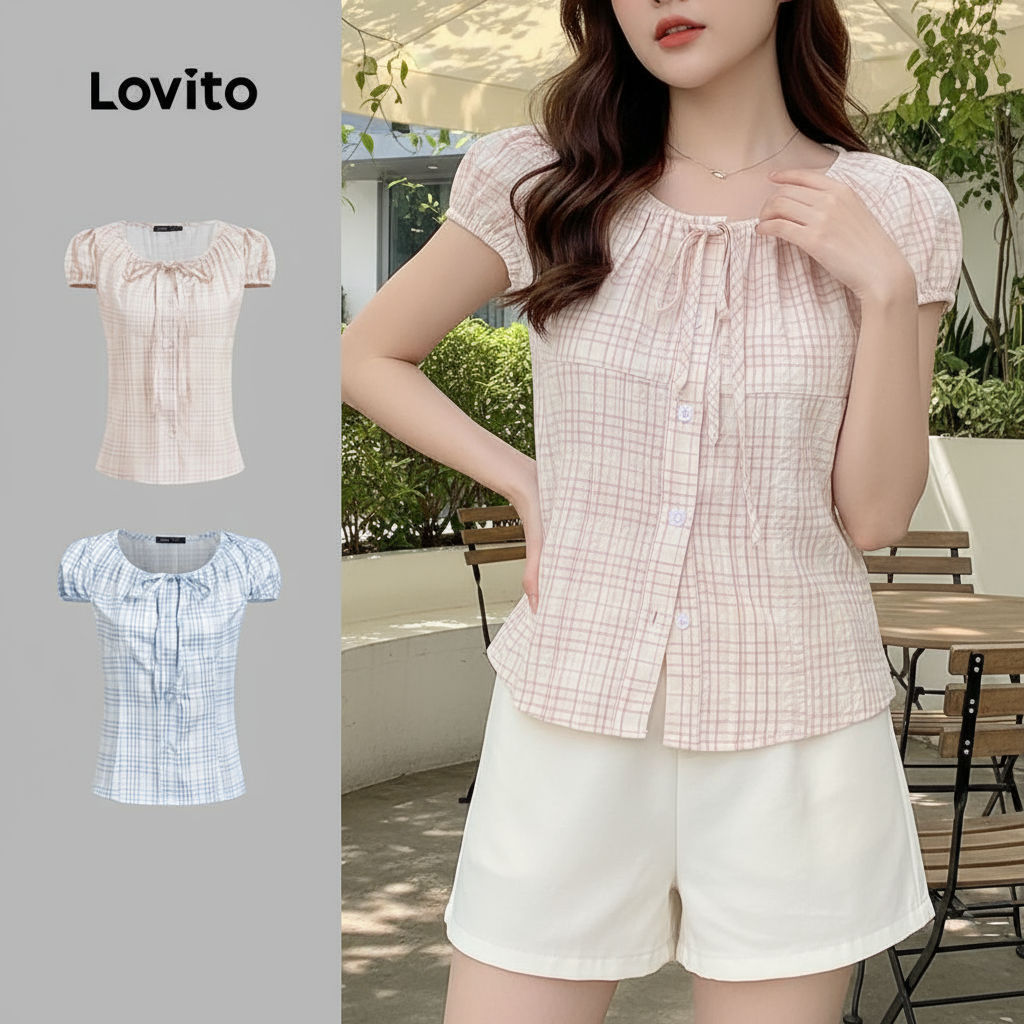 Lovito เสื้อเบลาส์ผู้หญิงลําลอง ผูกเชือกจีบ สําหรับฤดูร้อน/ฤดูใบไม้ผลิ สไตล์คริสต์มาส L130AD146
