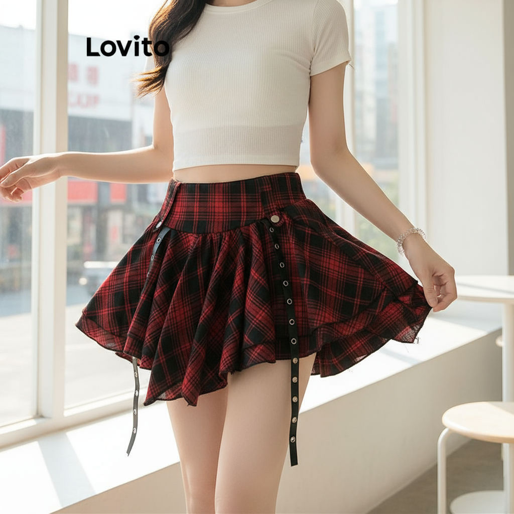 Lovito กระโปรงผู้หญิง ลายสก็อต บล็อกสี จีบ สไตล์คริสต์มาส แบบลําลอง LNE75416\2