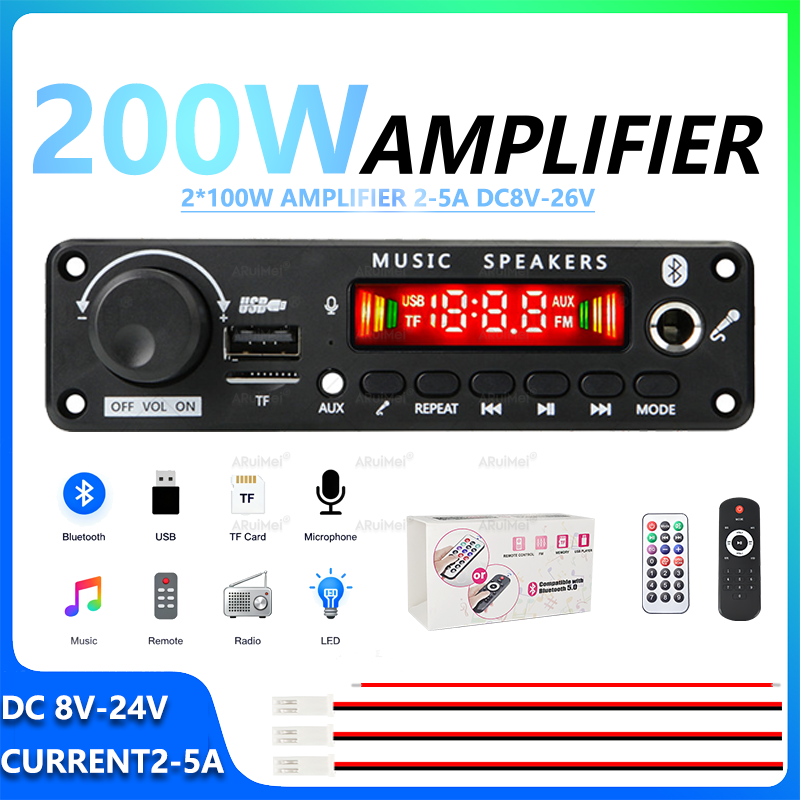 บลูทูธสเตอริโอเครื่องขยายเสียง 2x100W พร้อมจอแสดงผลสเปกตรัม USB TF FM AUX Mic รีโมทคอนโทรล DC 8 26V 