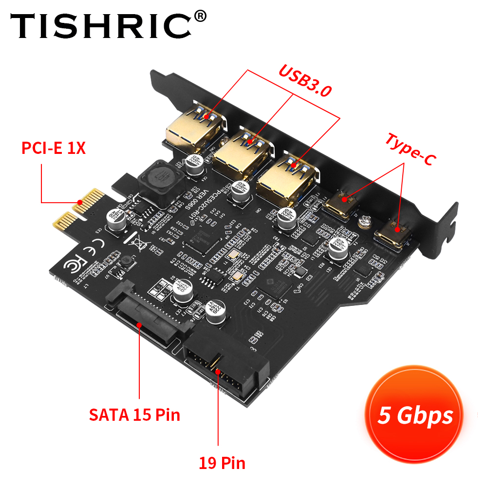 การ์ดเสริม TISHRIC PCIE USB 1X เป็น Type-E มี 3 USB 3.0 และ 2 Type-C เสียบกับช่อง PCIE 3.0 1X