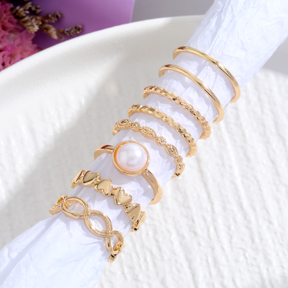 8 ชิ้นแหวนมุกระลอกหัวใจสําหรับผู้หญิง Minimalist Elegant ทุกวันซ้อนเครื่องประดับ - รูปที่ 3