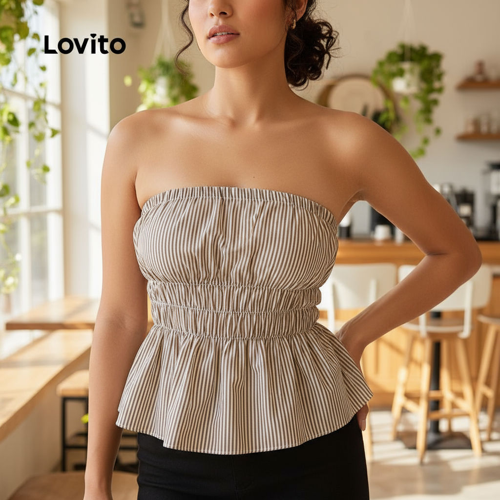 (trendy4)Lovito เสื้อกล้ามลําลองลายทางผูกเชือกฤดูร้อนสําหรับผู้หญิง L116LD255