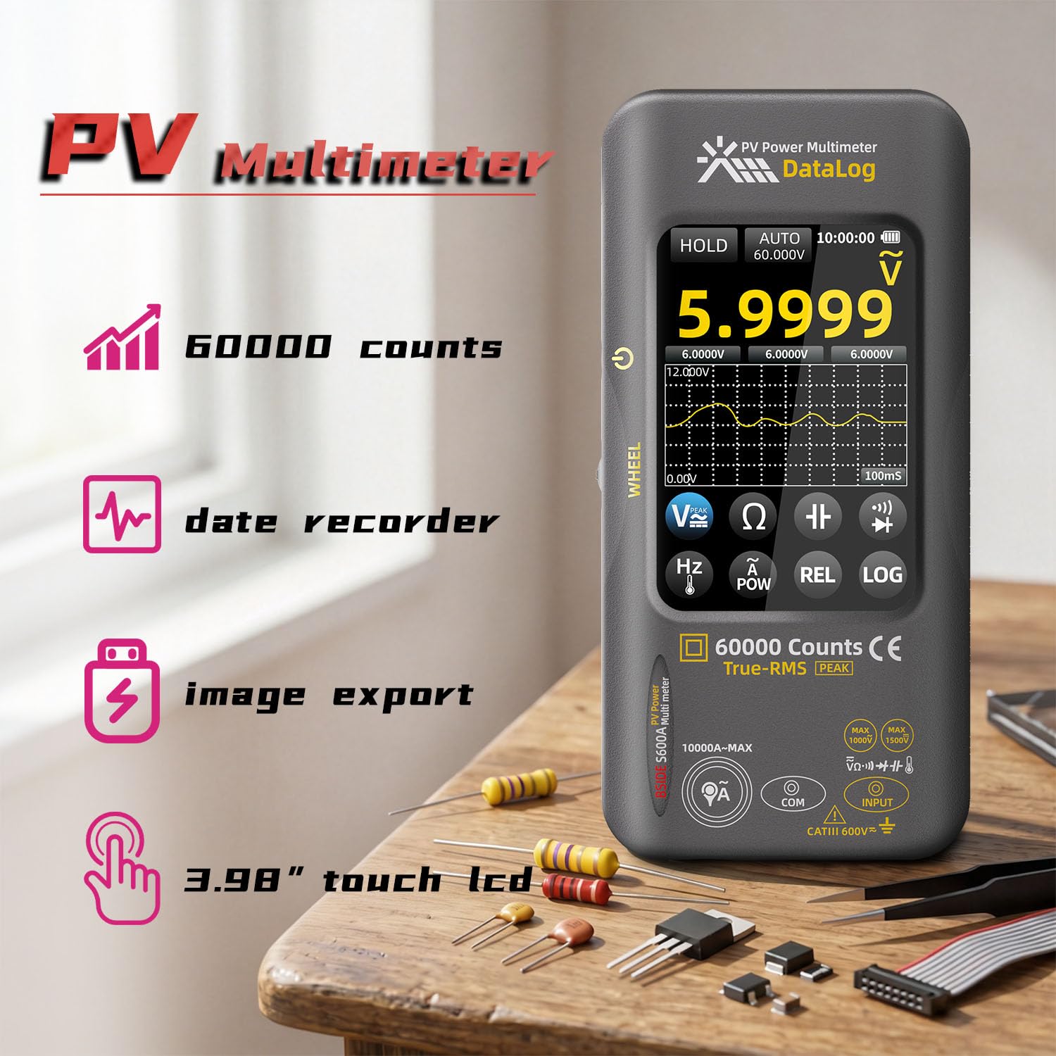 One Piece BSIDE S600A PV Power Multimeter, 60000 นับข้อมูล Logger หน้าจอสัมผัส True RMS สําหรับระบบโ