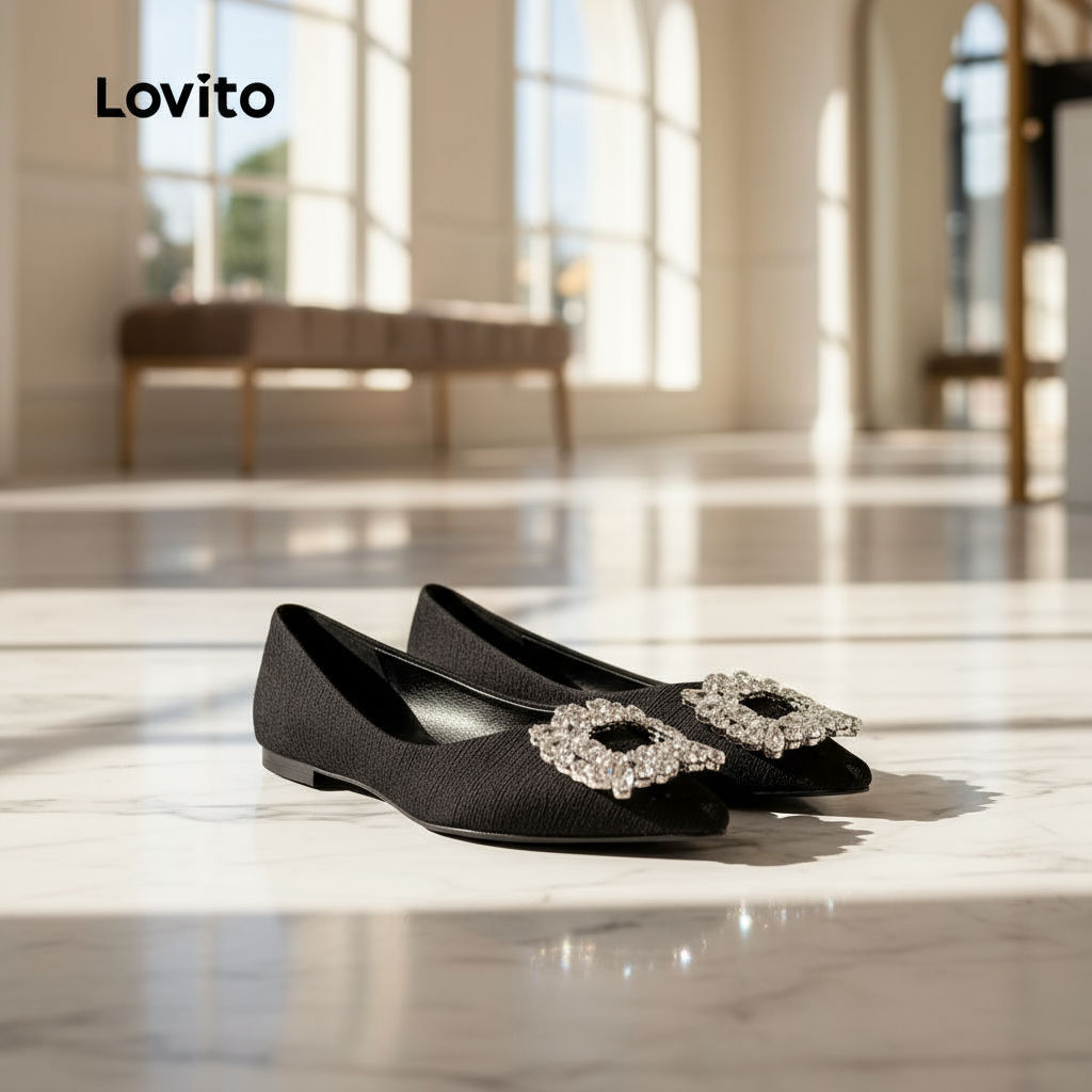 (trendy2)Lovito รองเท้าส้นเตี้ยบัลเล่ต์ลําลอง พลอยเทียม ธรรมดาอารมณ์ฝรั่งเศสชี้ด้านล่างนุ่มสบายบัลเล