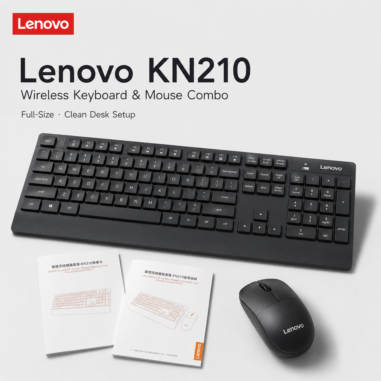 ชุดคีย์บอร์ดและเมาส์ไร้สาย Lenovo 2.4G คีย์บอร์ดขนาดมาตรฐาน 104 ปุ่ม + เมาส์ 1200DPI เสียบแล้วใช้งานได้เลย เหมาะสําหรับออฟฟิศ/บ้าน