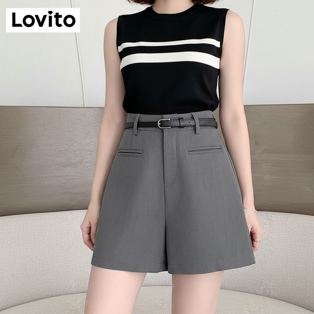 trendy5-Lovito กางเกงขาสั้นลําลอง กางเกงขาสั้นกระเป๋าปลอมจีบธรรมดาสําหรับผู้หญิง LNE57601