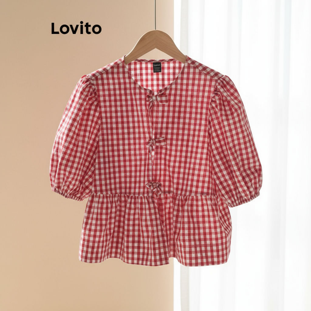 (trendy6)Lovito เสื้อเบลาส์ลายสก็อตผูกโบว์ด้านหน้าสำหรับเทศกาลคริสต์มาสสุดน่ารักสำหรับผู้หญิง L101AD