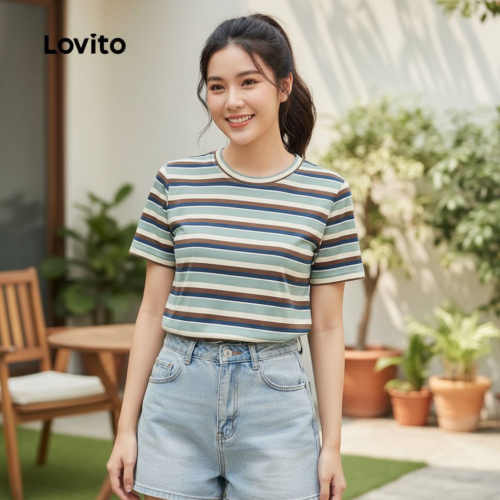 Lovito เสื้อคอวีลําลองผู้หญิง เรียบง่าย มีสายด้านข้าง สําหรับฤดูใบไม้ผลิ/ฤดูร้อน L155ED633