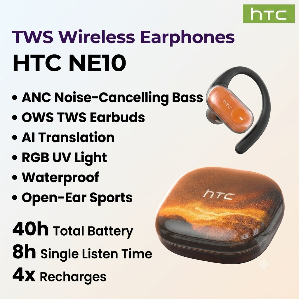 หูฟังไร้สาย HTC NE10 หูฟังตัดเสียงรบกวนเบส OWS หูฟังเอียร์บัด TWS AI แปลภาษามีไฟ RGB/ยูวี กันน้ํามาต