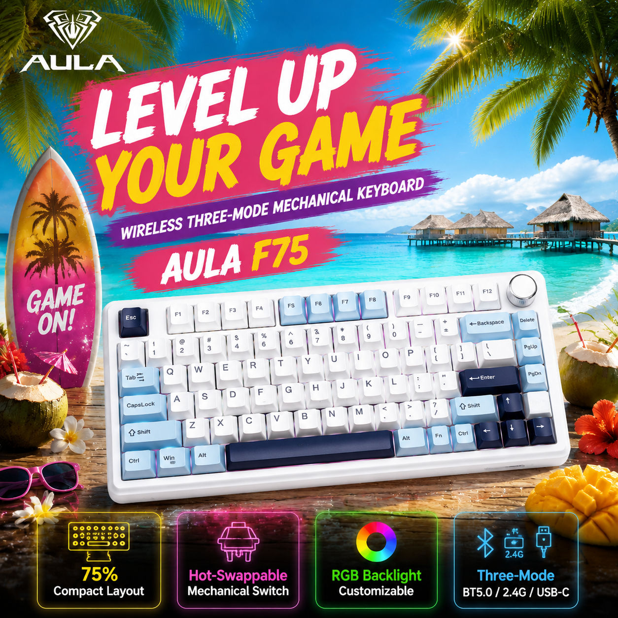 คีย์บอร์ดแมคคานิคอลสําหรับเล่นเกม AULA F75 แบบ 3 โหมด ไร้สาย RGB เปลี่ยนคีย์แคปได้ 80 ปุ่ม Layout สํ