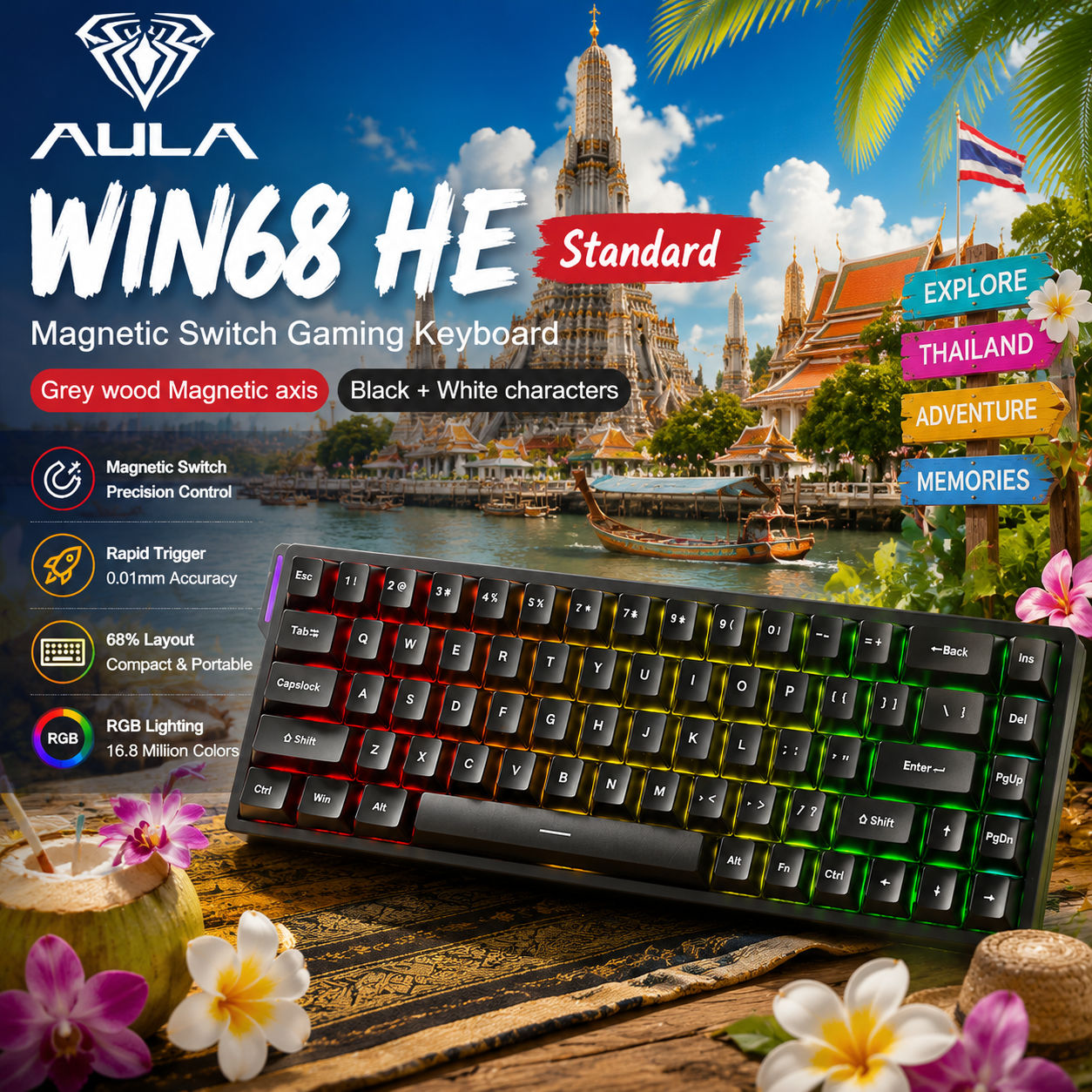 คีย์บอร์ดแมคคานิคอล RGB แบบมีสาย AULA WIN68 HE สวิตช์แม่เหล็ก Hall Effect สําหรับเล่นเกม Pro Edition