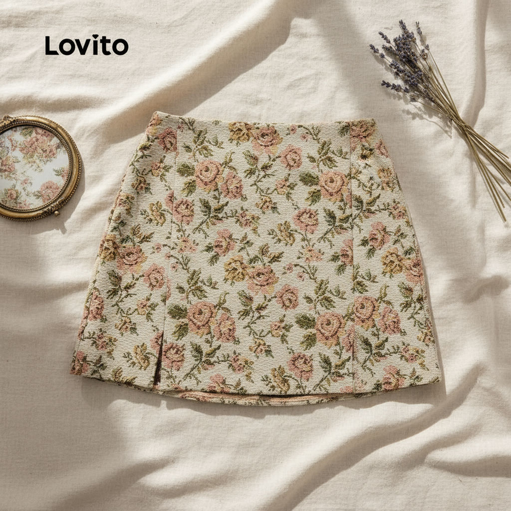 Lovito กระโปรงแจ็คการ์ดลายดอกไม้หรูสําหรับผู้หญิง รุ่น L124AD789