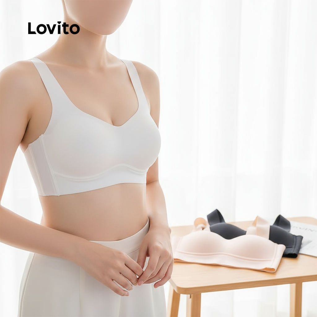Lovito แคชชวล เสื้อชั้นในไร้ตะเข็บ เซ็กซี่ ระบายอากาศ หัวเข็มขัด สําหรับผู้หญิง LNL43215\4