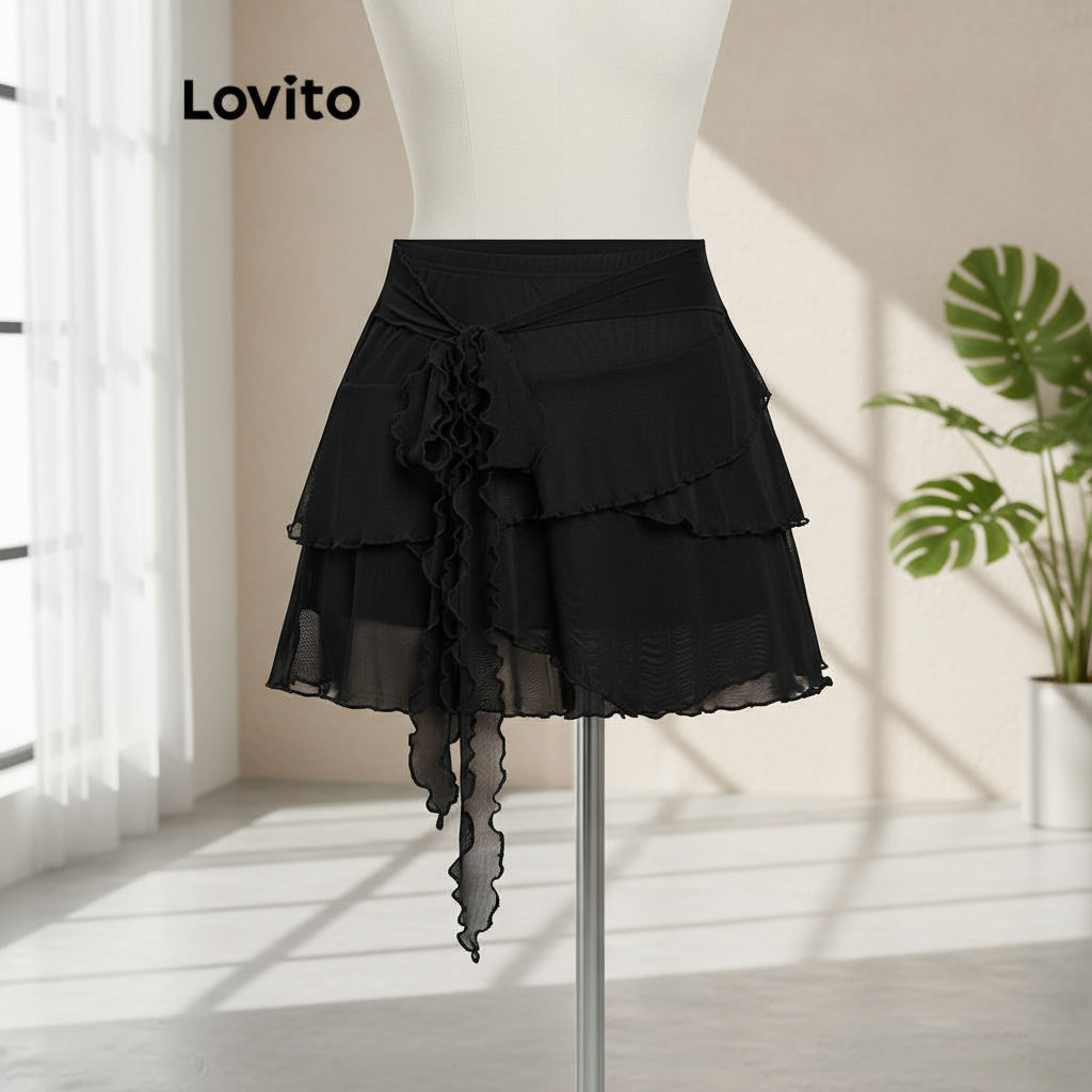 (trendy4)Lovito กระโปรงลําลองกระโปรงชายระบายธรรมดาเดรปสําหรับผู้หญิง L110AD213