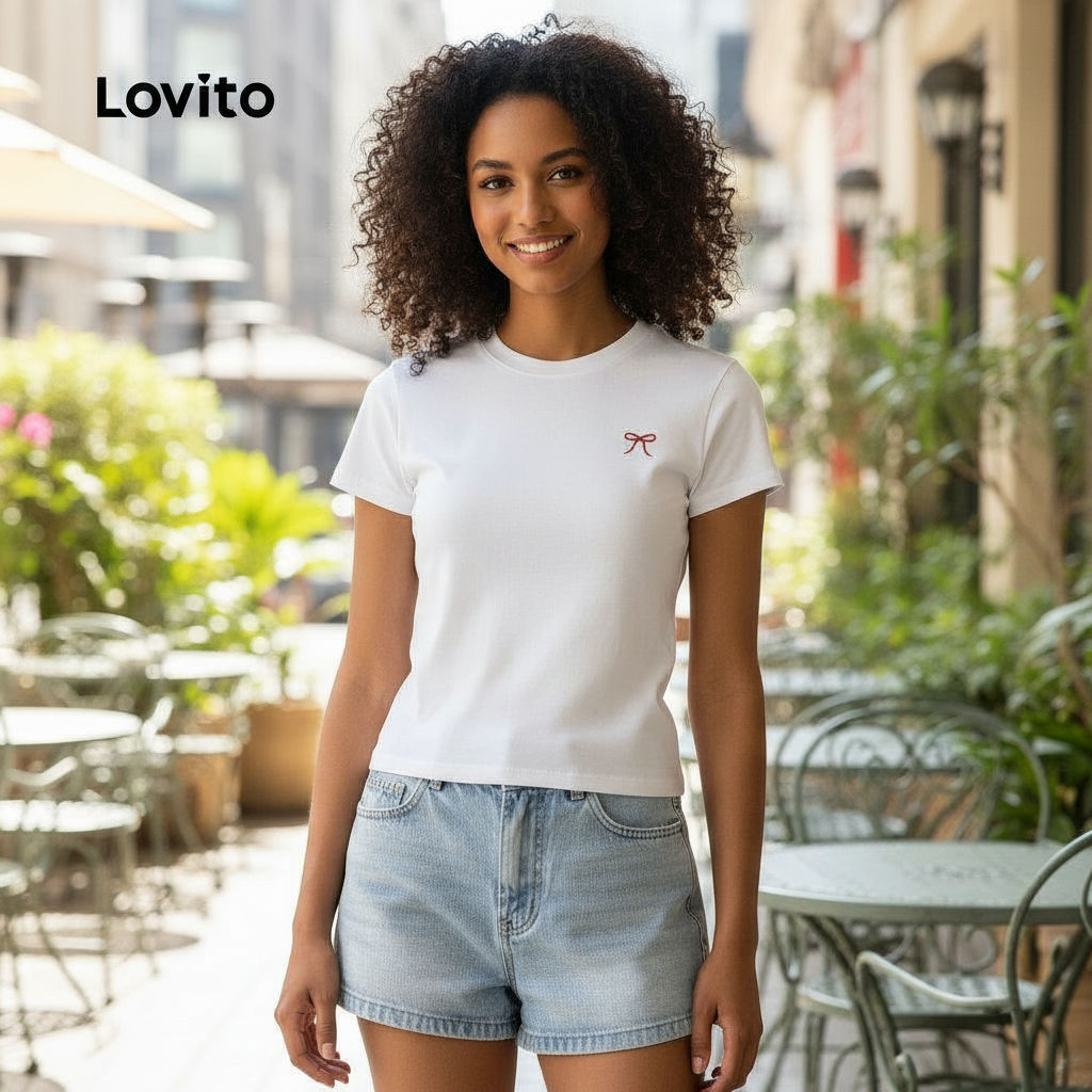 Lovito เสื้อยืดผู้หญิงลายธรรมดาแบบลําลอง L133AD375