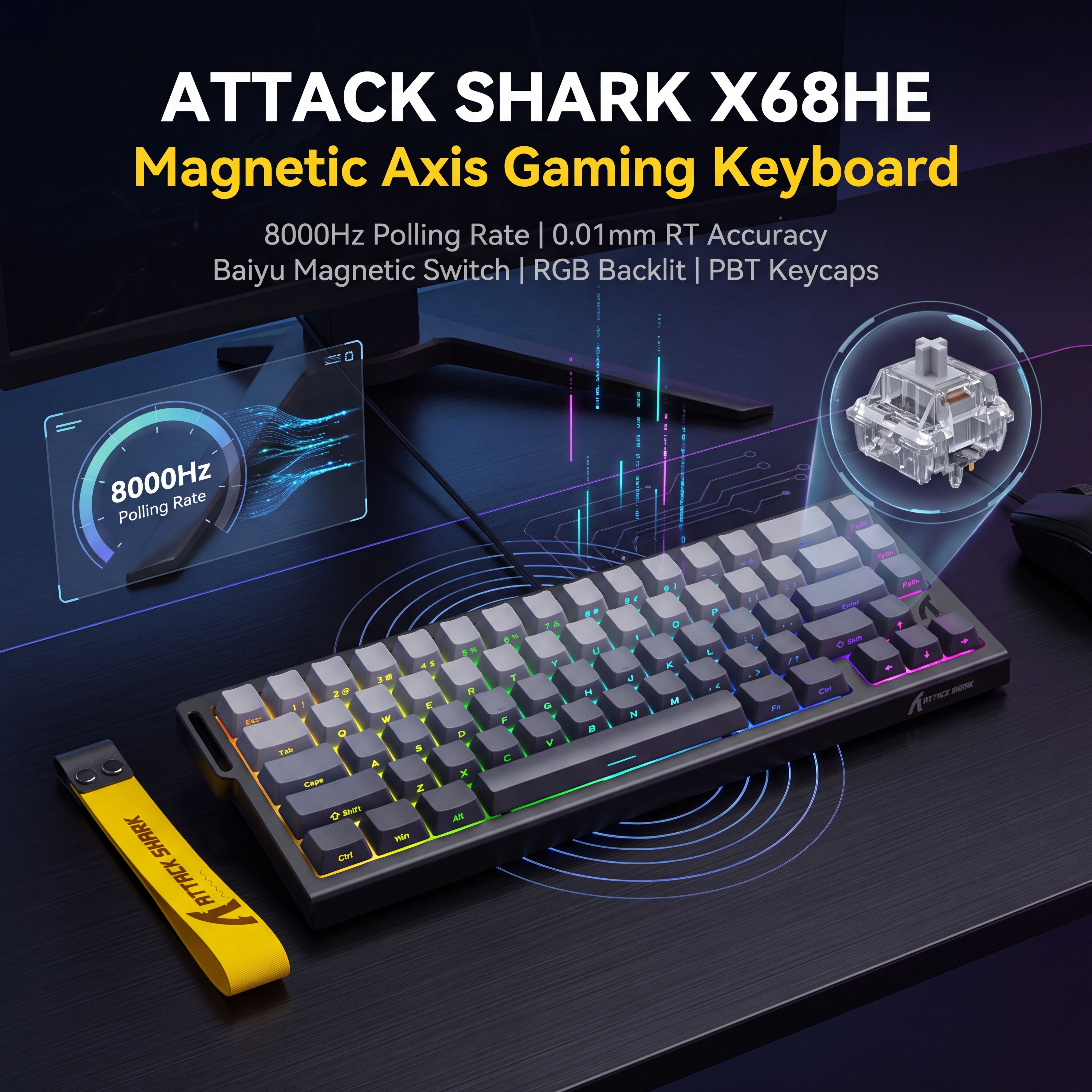 ATTACK SHARK X68HE Magnetic Gaming Keyboard แบบมีสาย, อัตราการสํารวจสูงสุด 8000Hz, 0.01 มม. RT RGB;