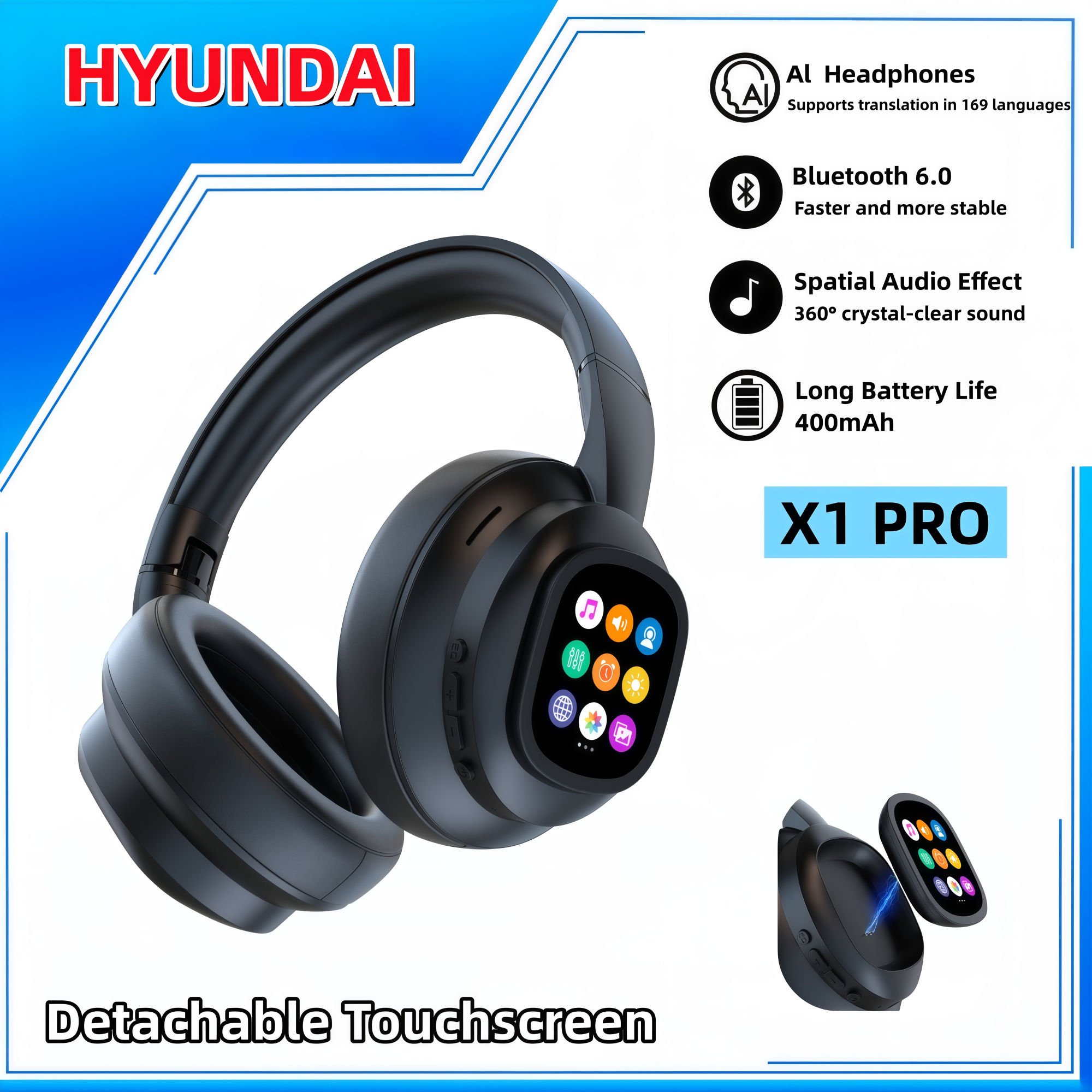 HYUNDAI X1PRO หูฟังหูฟังไร้สายบลูทูธ 6.0 Magnetic Touch Control ชุดหูฟังหน้าจอ LED AI การแปล 150 ภาษ