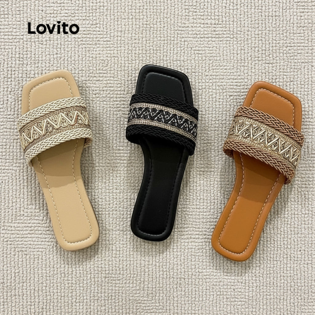 Lovito โบโฮ ธรรมดาสไตล์ชาติพันธุ์ฟางดูดซับเหงื่อสวมรองเท้าแตะนอกวันหยุดเดินทางรองเท้าแตะแบนสําหรับผู