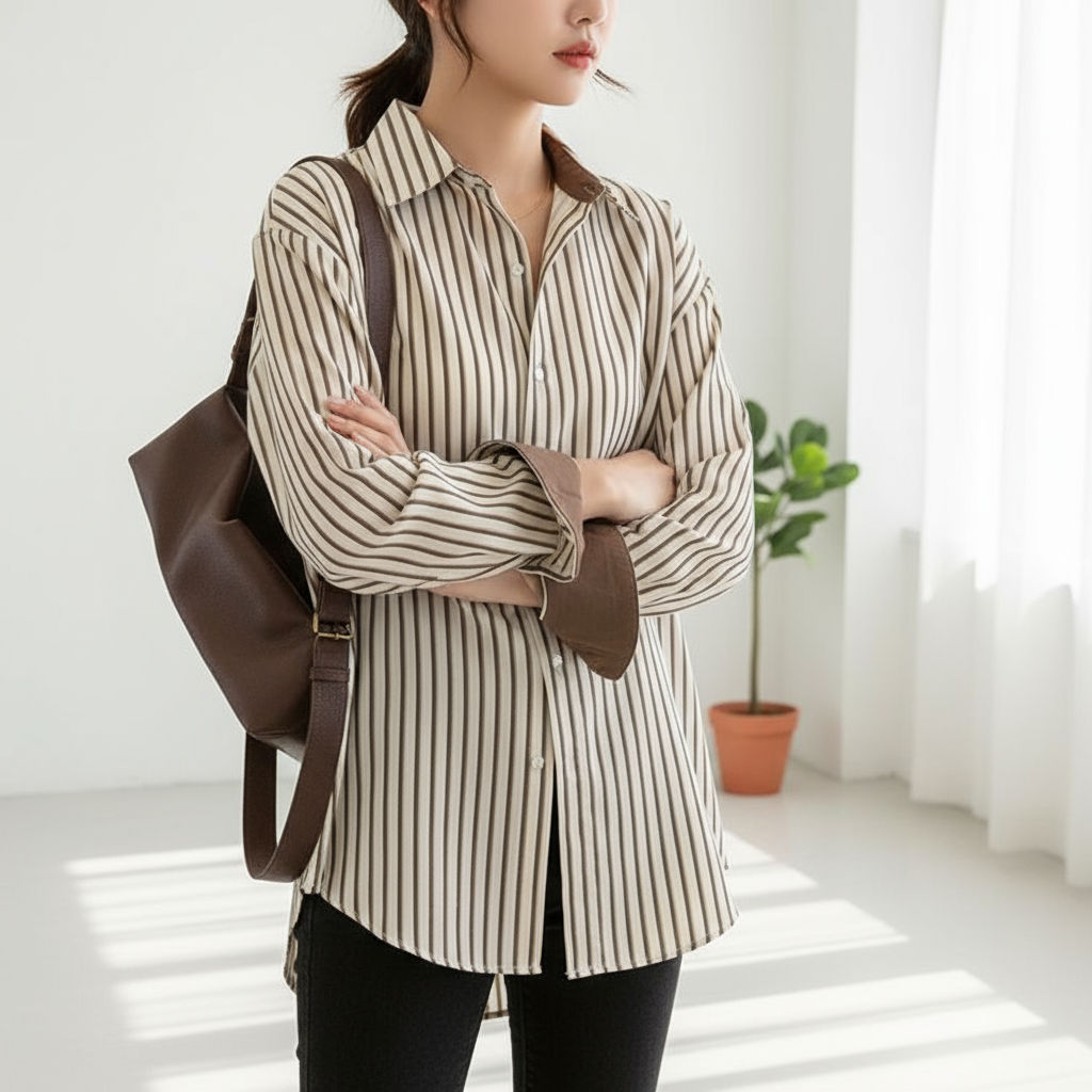 Lovito เสื้อเชิ้ตผู้หญิงลายบล็อกสี ทรงแคชชวล LNE27252 (สีน้ําตาล)\4
