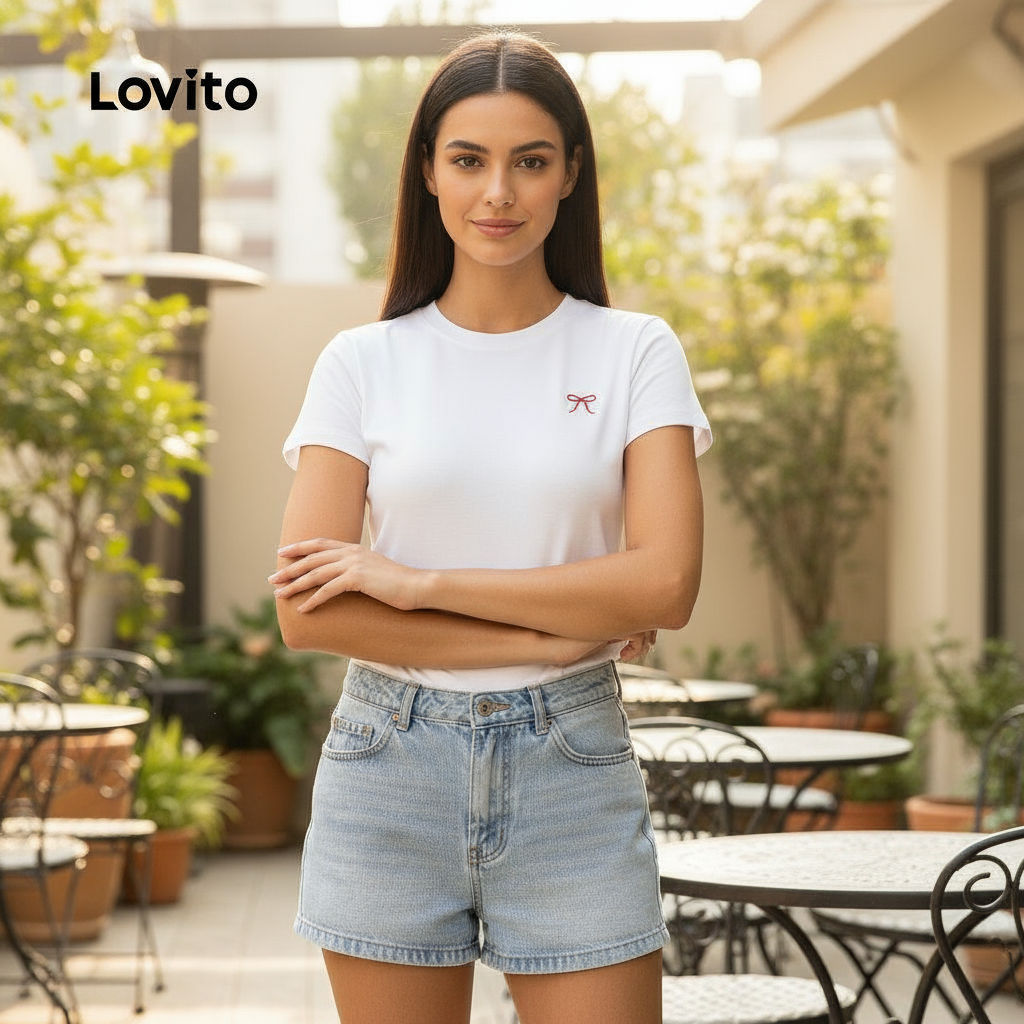 Lovito เสื้อยืดผู้หญิงลายพื้น กระดุมหน้า ลําลอง L133AD375