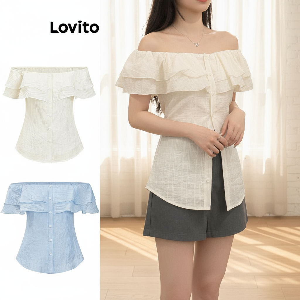 Lovito เสื้อเบลาส์ทรงนัวเนียติดกระดุม สําหรับผู้หญิง แฟชั่นฤดูใบไม้ผลิและฤดูร้อน L79AD128\4