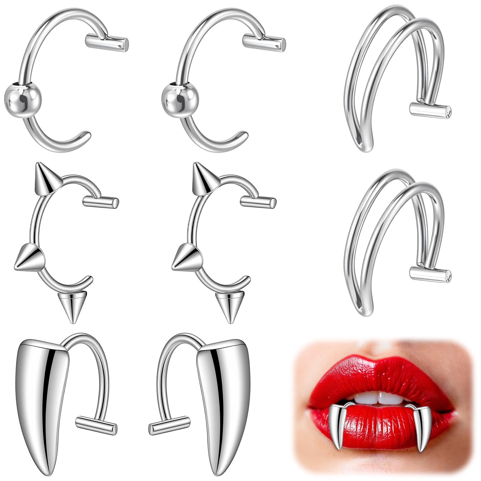 สแตนเลสสตีลปลอม Lip Cuff & Vampire ฟันไม่เจาะสําหรับแหวนชุดสําหรับฮาโลวีน 8 ชิ้น