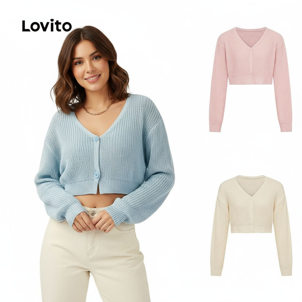 Lovito เสื้อคาร์ดิแกนลําลองเสื้อคาร์ดิแกนสเวตเตอร์ติดกระดุมแขนยาวคอวีสีพื้นสําหรับผู้หญิง L21LT110 (