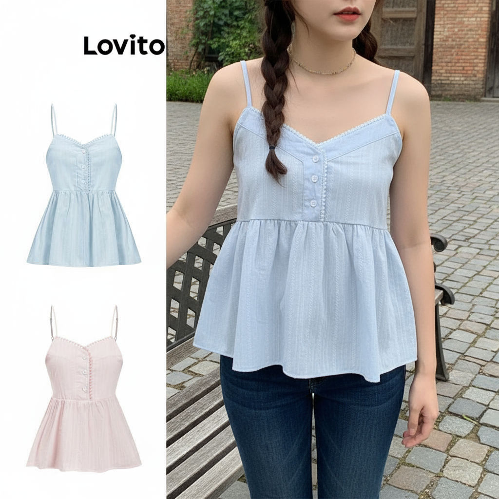 Lovito เสื้อกล้ามน่ารัก เสื้อกล้ามกระดุมคอระบายธรรมดาสําหรับผู้หญิง L79AD025 (หลากสี)\2