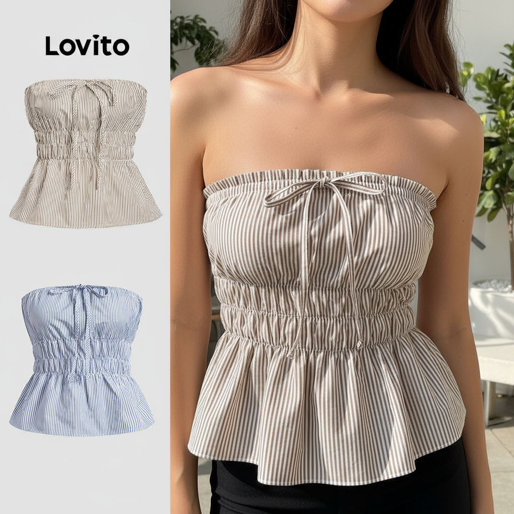 Lovito เสื้อกล้ามผู้หญิงลายทางผูกเชือกสําหรับฤดูร้อน L116LD255