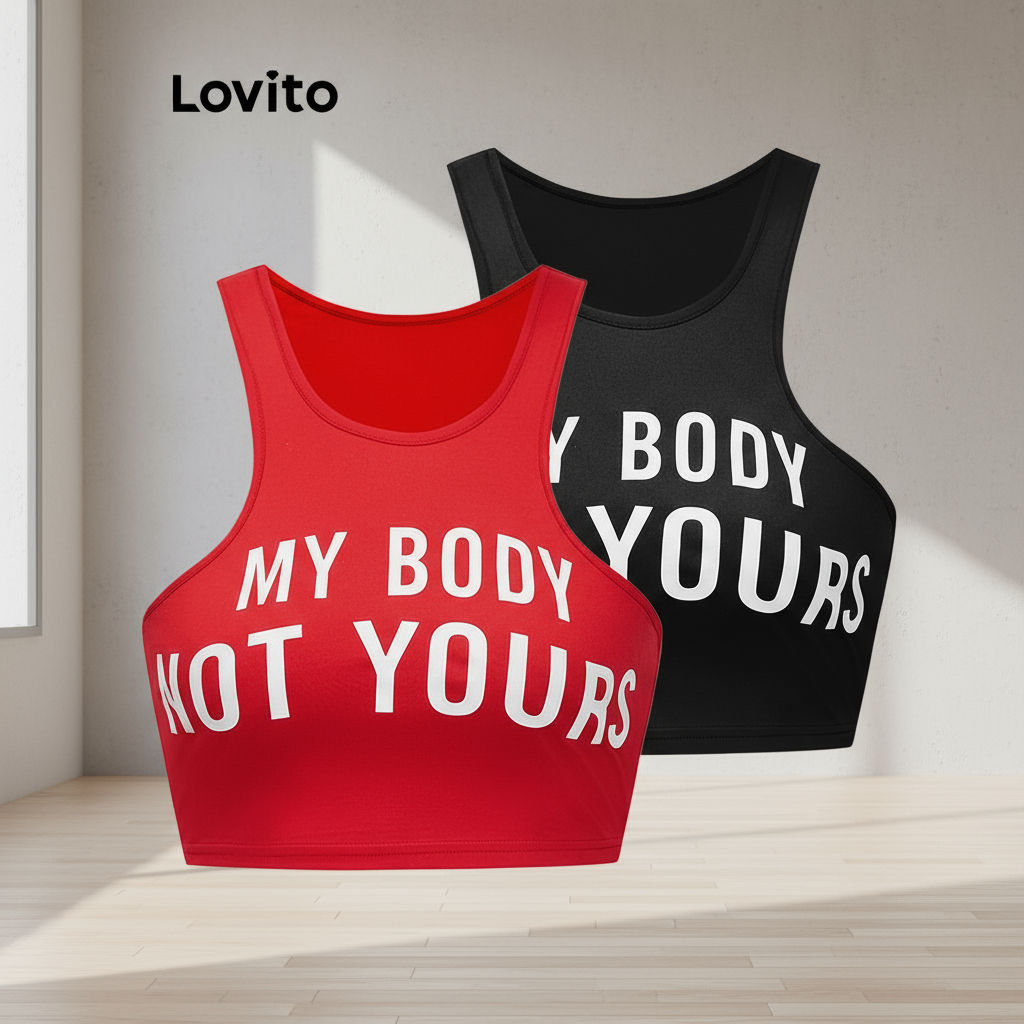 Lovito เสื้อกล้ามผู้หญิง สไตล์ Y2K ลําลอง พิมพ์ลายตัวอักษร Basic Tank Top สําหรับผู้หญิง L88AD017 (ห