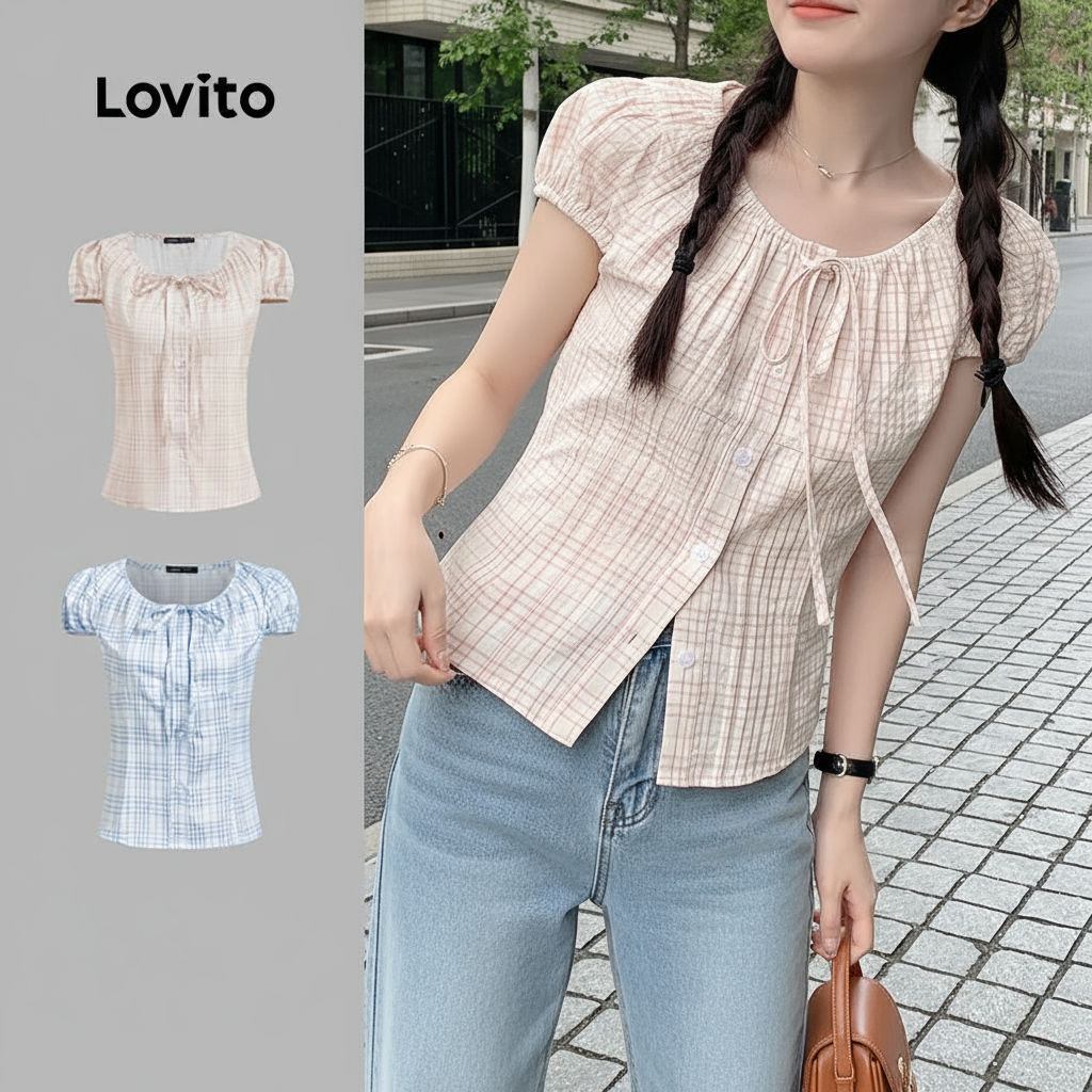 Lovito เสื้อเบลาส์ลําลองสําหรับฤดูร้อนและฤดูใบไม้ผลิ ผูกเชือกจีบ เสื้อเบลาส์ผู้หญิง L130AD146