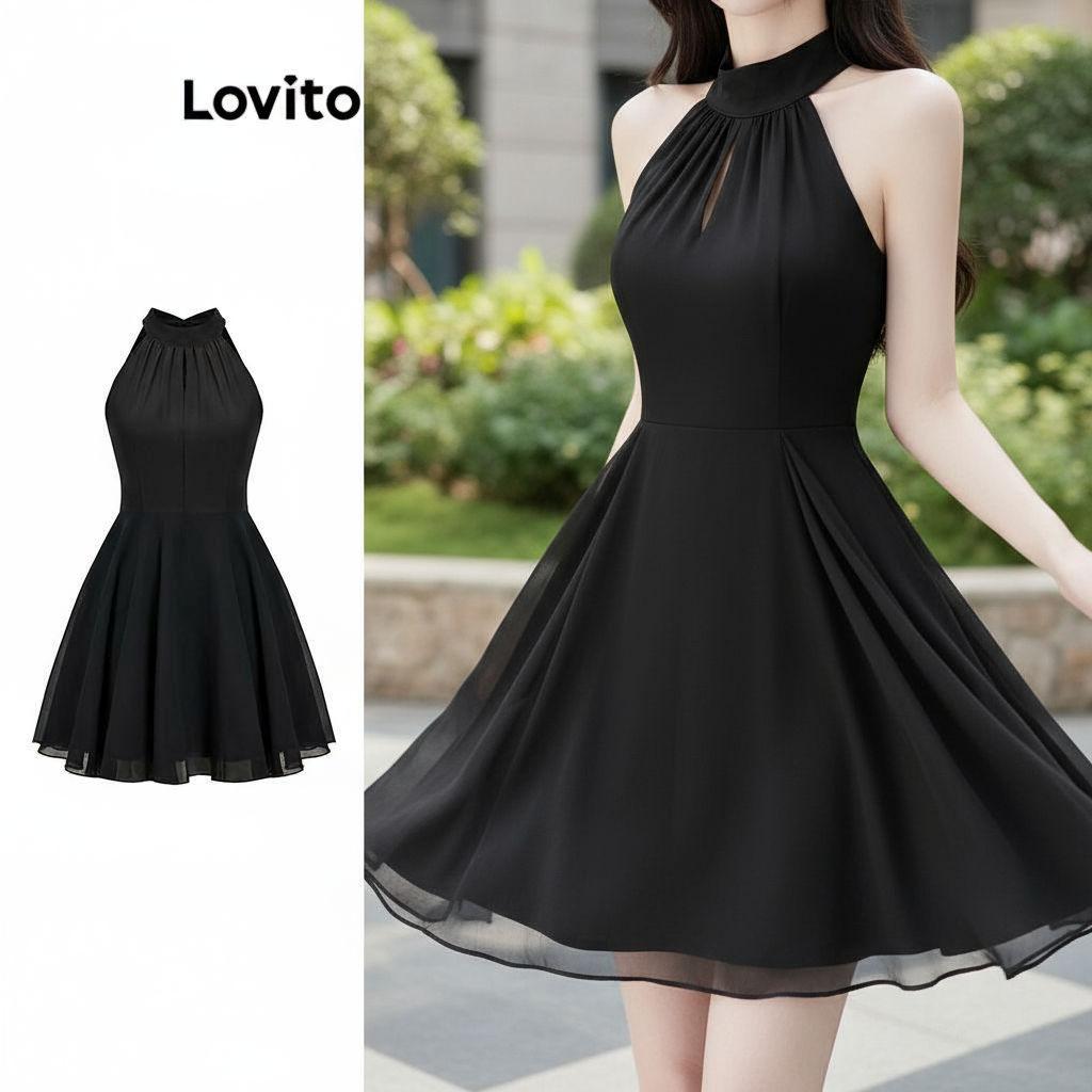 Lovito เดรสผู้หญิงหรูหรา สายผูกด้านหลังสองชั้น ดีไซน์เรียบง่าย L80ED448\4